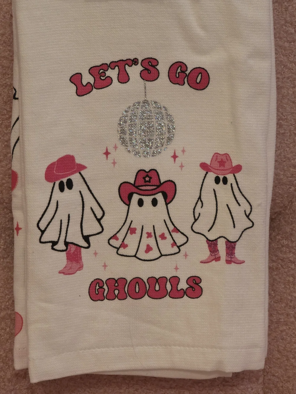 Let's Go Ghouls Ghost Kitchen Towel - White and Pink